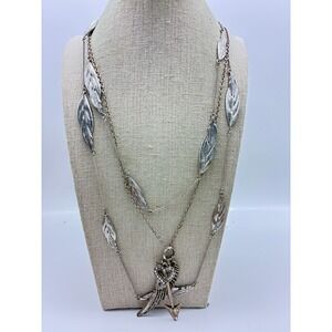 Silver Tone Layered Necklace Lot Feather Station and Wing Arrow Heart Charms